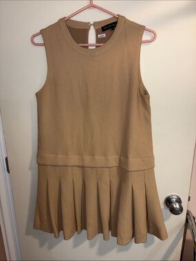 English Factory Sleeveless Pleated Dress in Tan